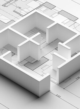 Residential building blueprint plans and house model, banner. 3d illustration