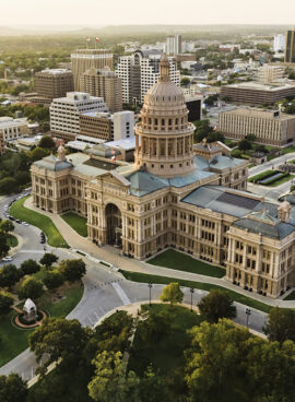 Capitol building, aerial skyline, sunset, Austin, TX,  Texas State Capital