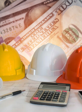 Architectural blueprint with safety helmet and tools on blur dollar money background.